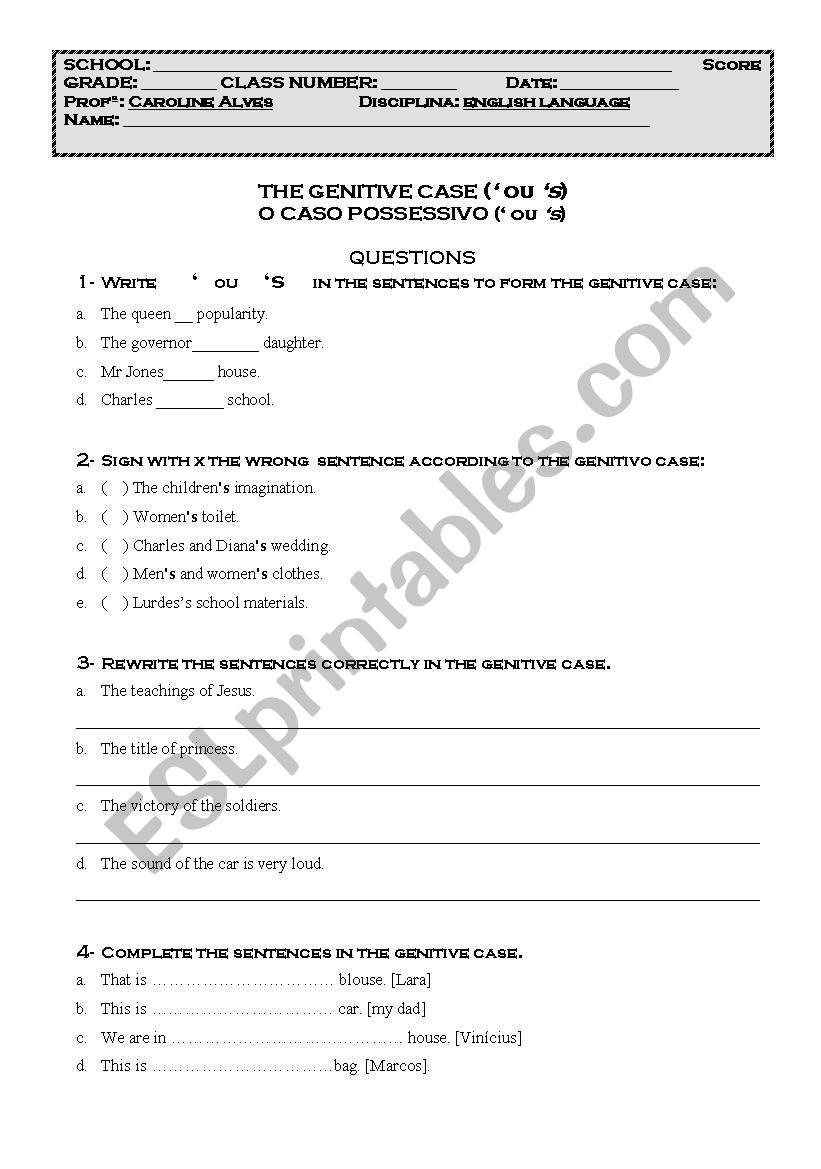 THE GENITIVE CASE worksheet