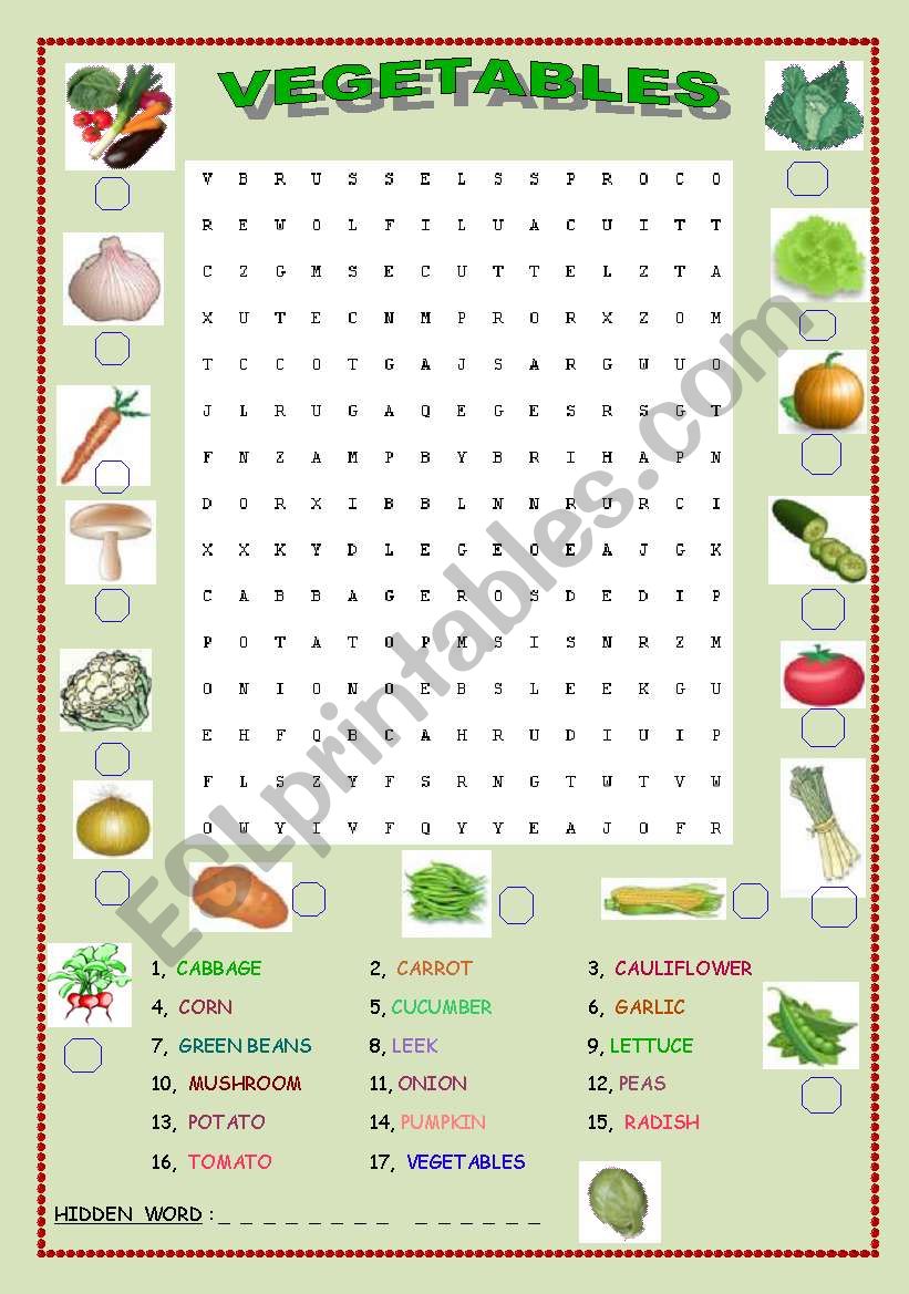 Vegetables wordsearch worksheet