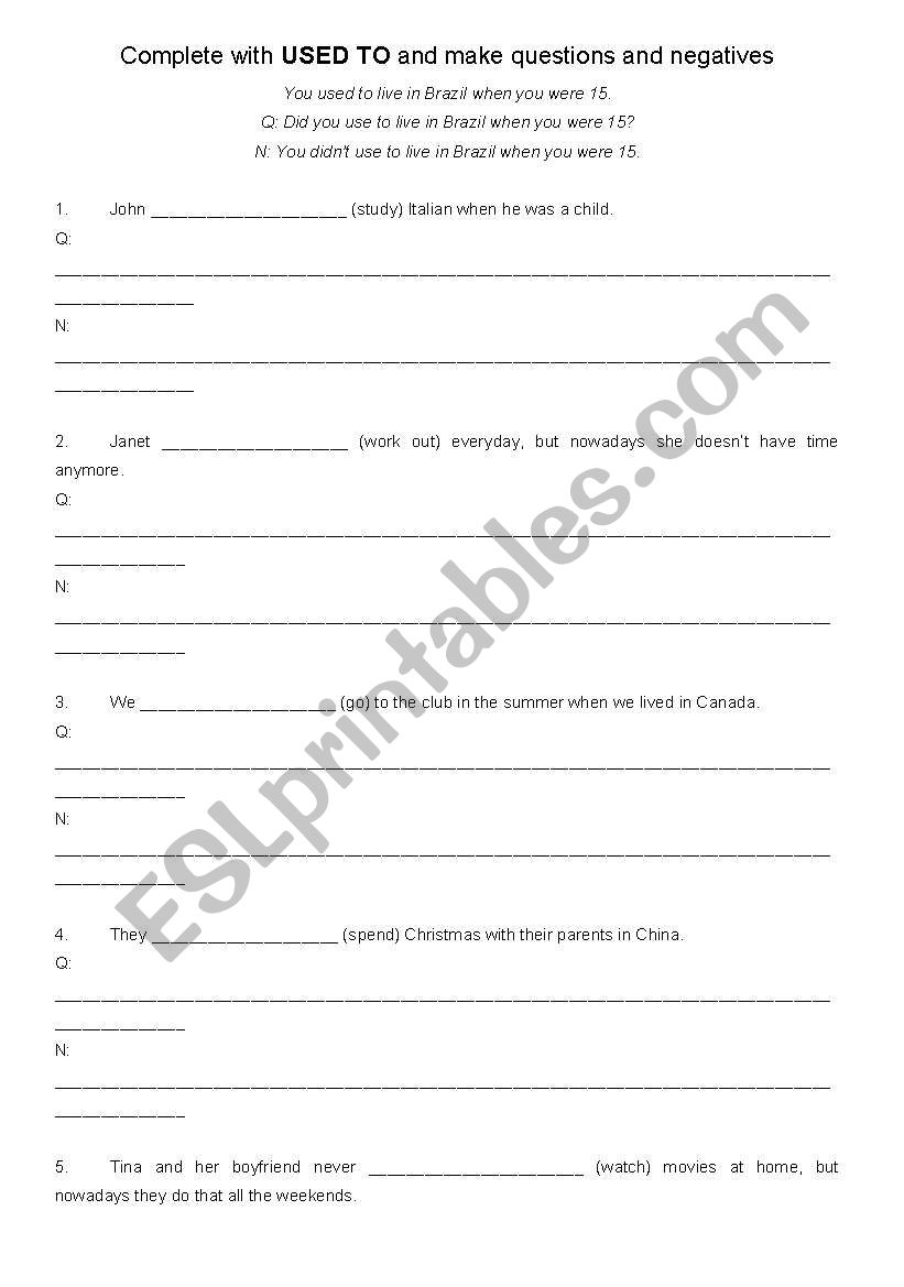 Used to Excercises worksheet