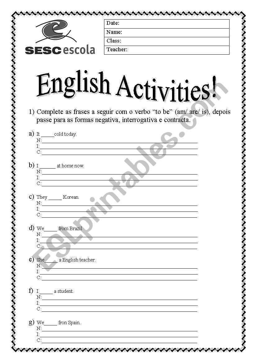 Verb to be activities  worksheet