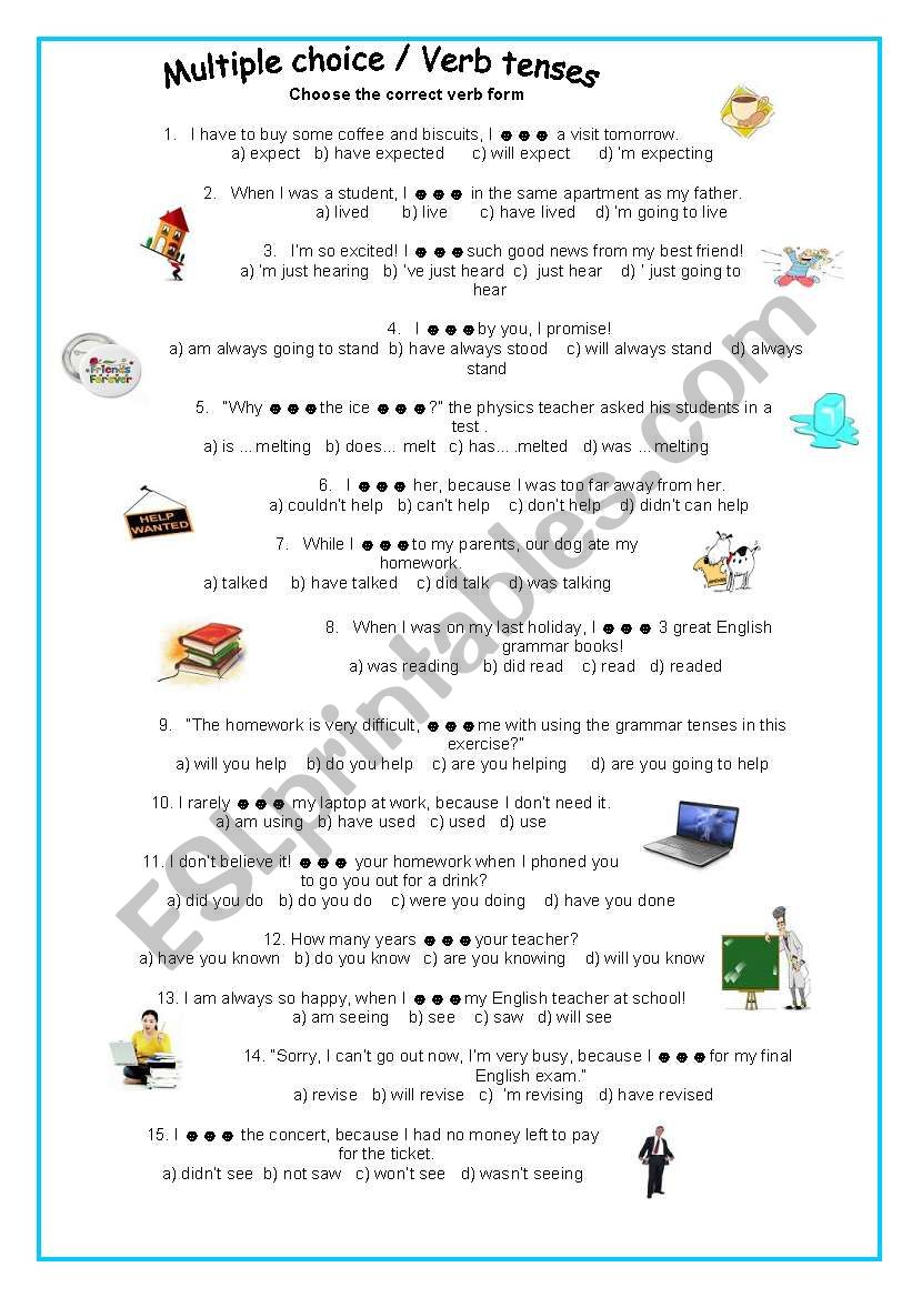 Multiple choice - verb tenses worksheet