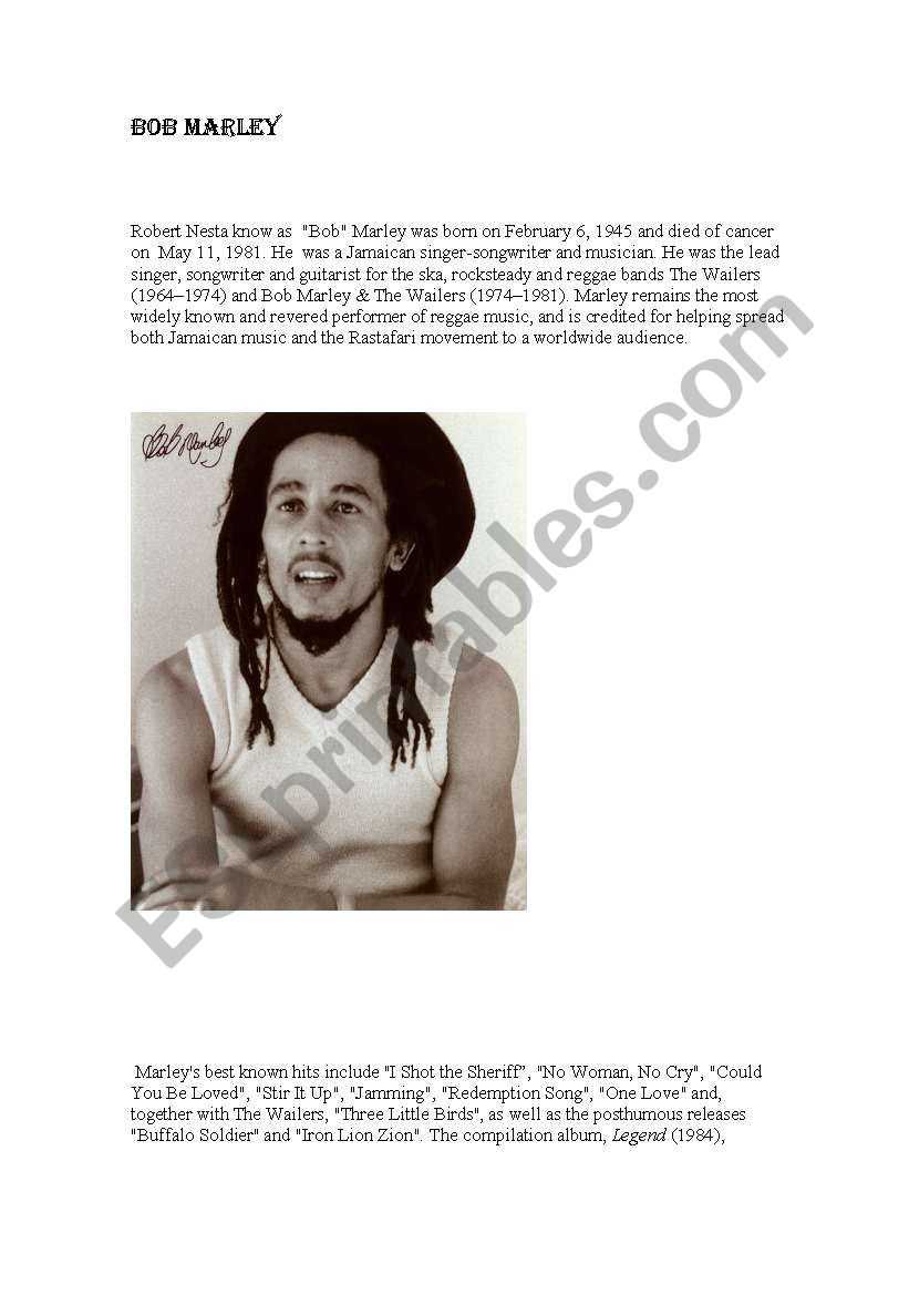 BOB MARLEY worksheet