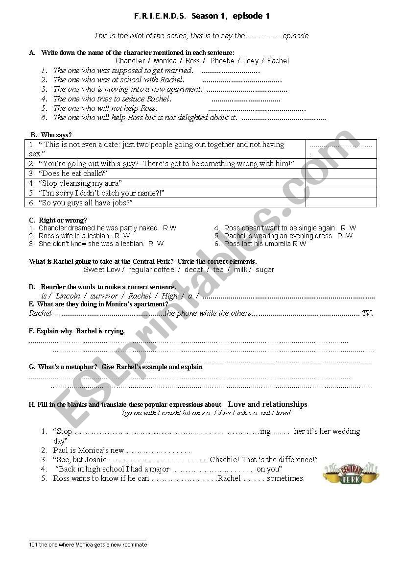 Friends series-episode 101 worksheet