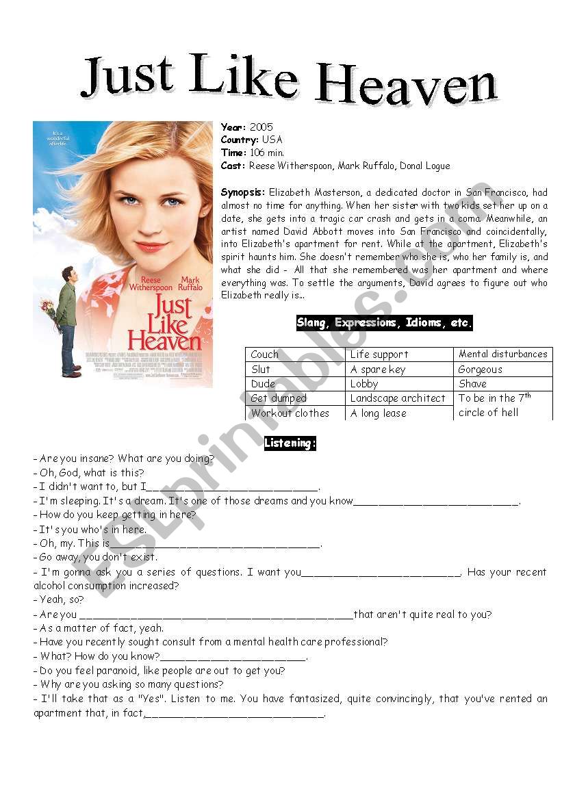 Just Like Heaven worksheet