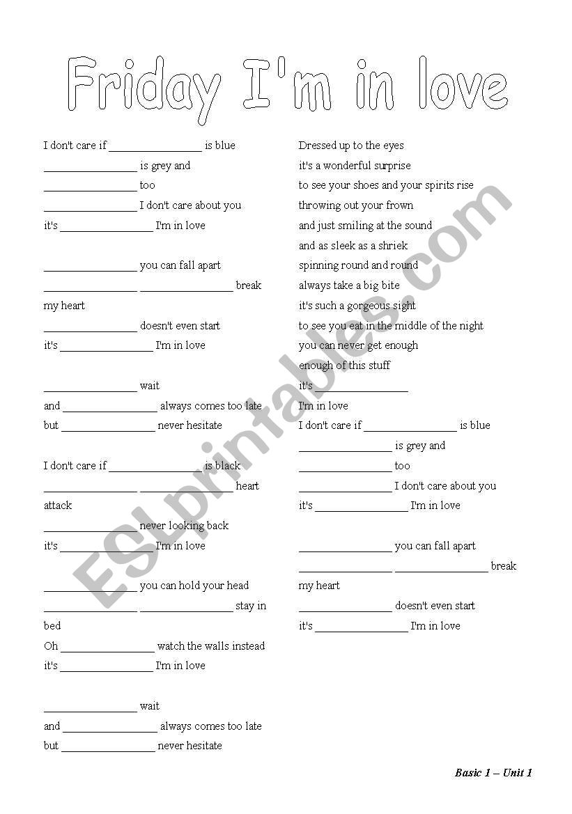 Friday Im in Love - The Cure worksheet