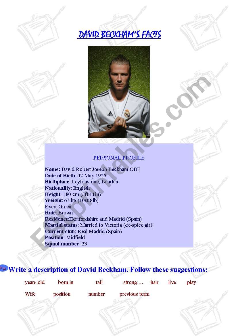 David Beckham worksheet for description