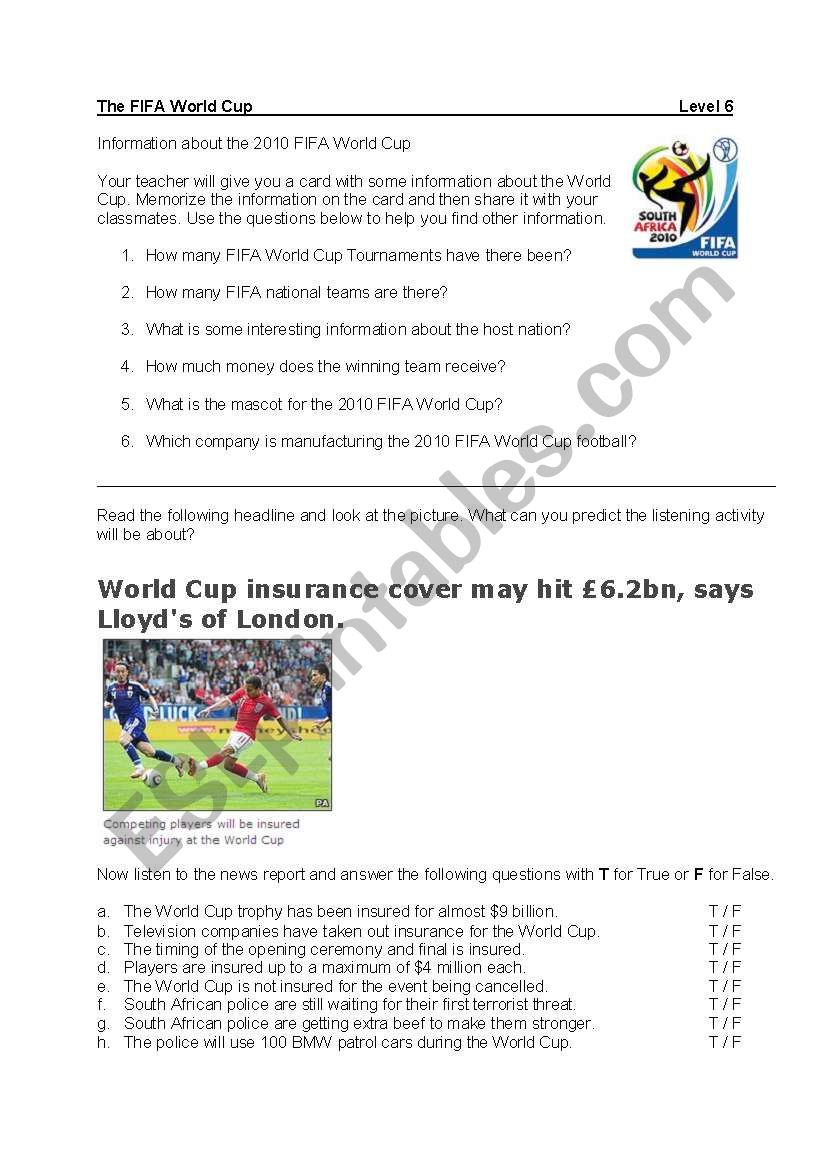 2010 FIFA World Cup worksheet