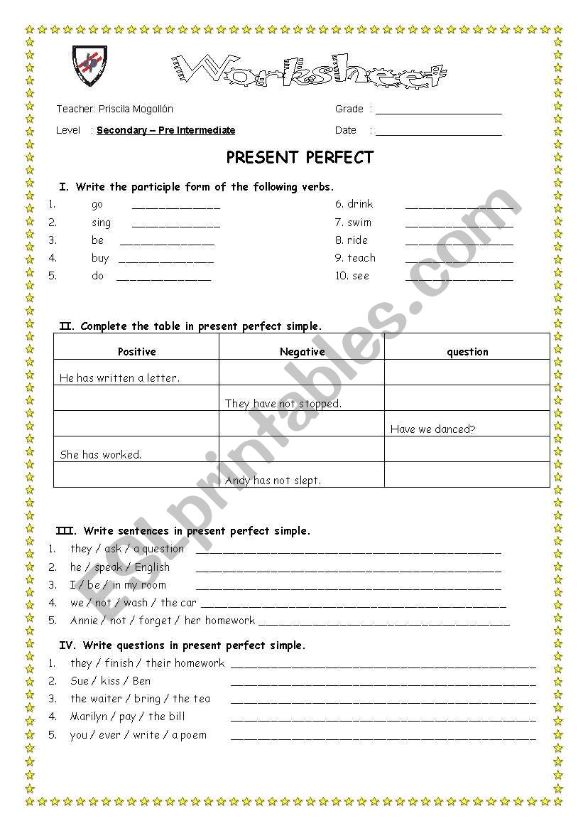 present perfect worksheet