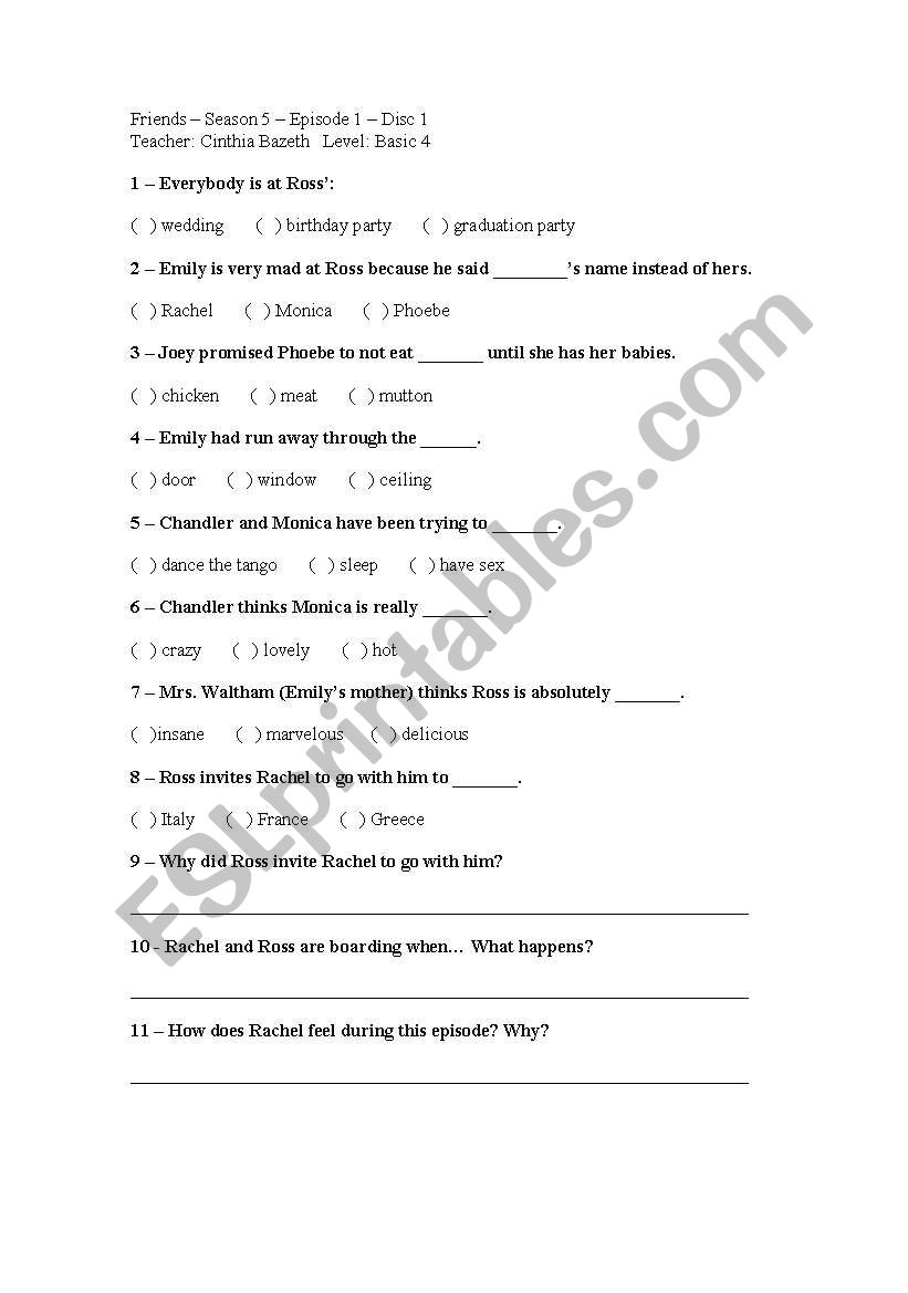 Friends - Season 5/Episode 1 worksheet