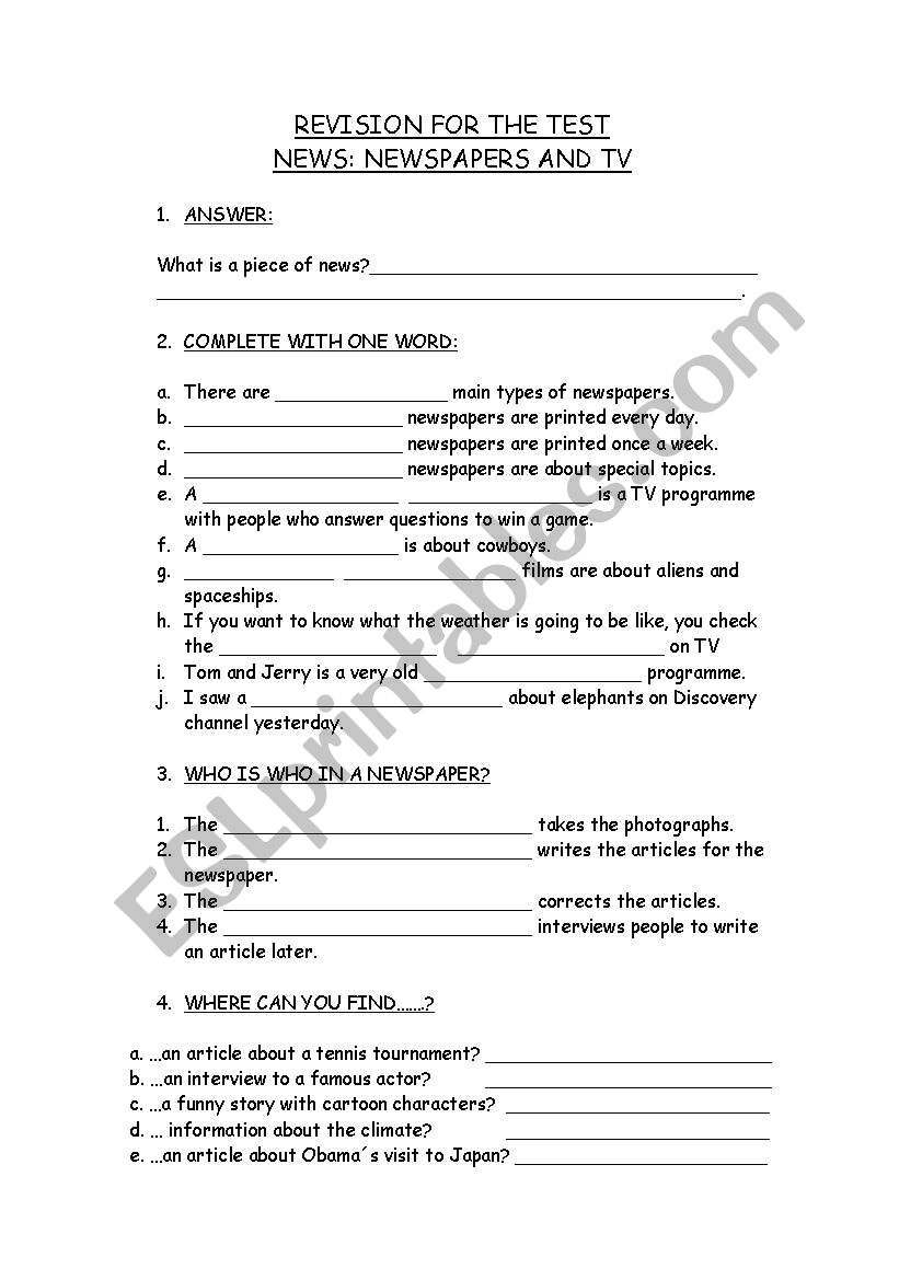 NEWSPAPERS AND TV worksheet