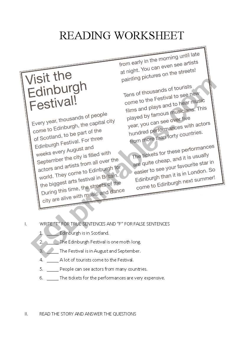 Reading worksheet - Visit the Edinburgh Festival