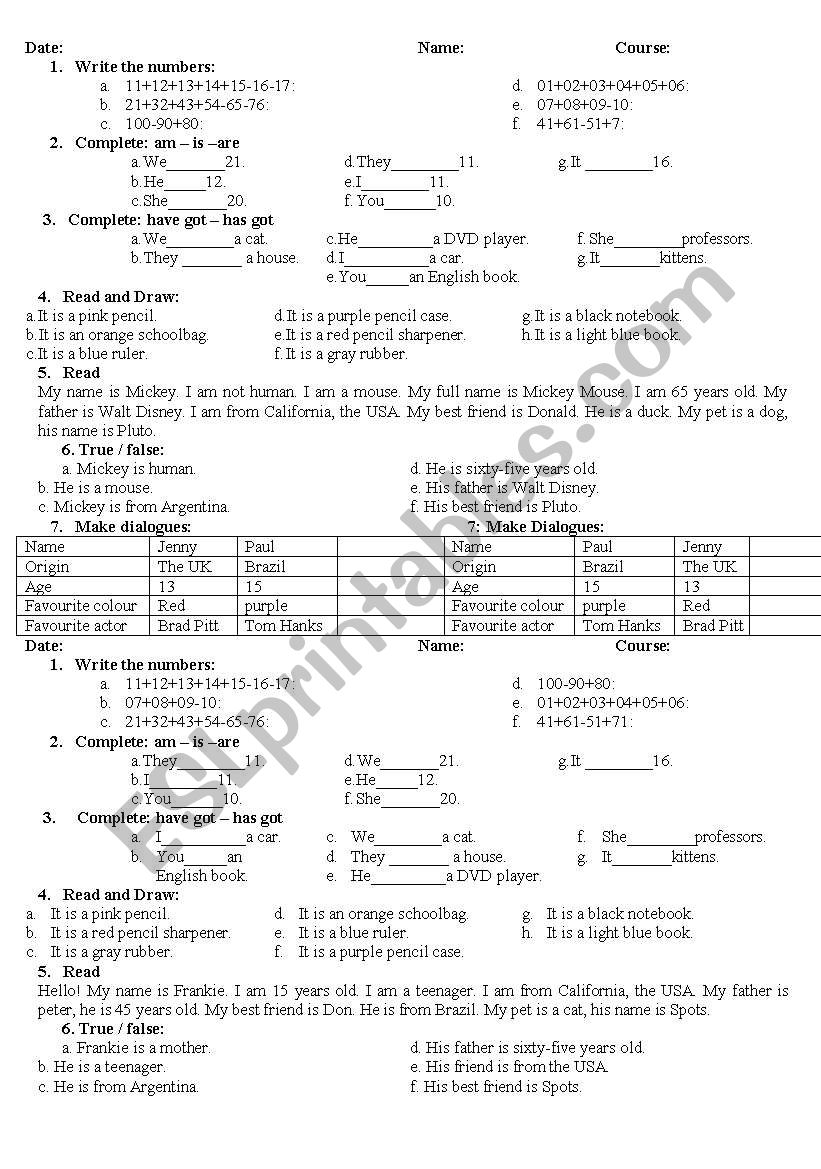 most basic english test worksheet