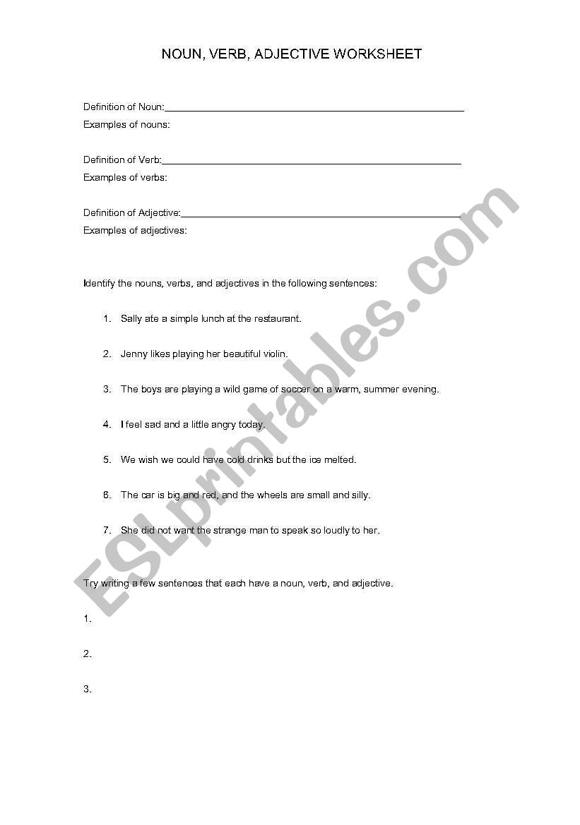 Noun Verb Adjectives worksheet