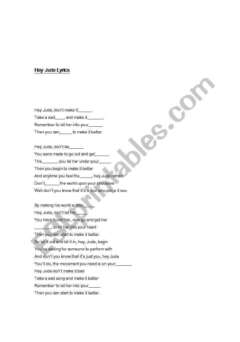 the beatles Hey Jude Close worksheet