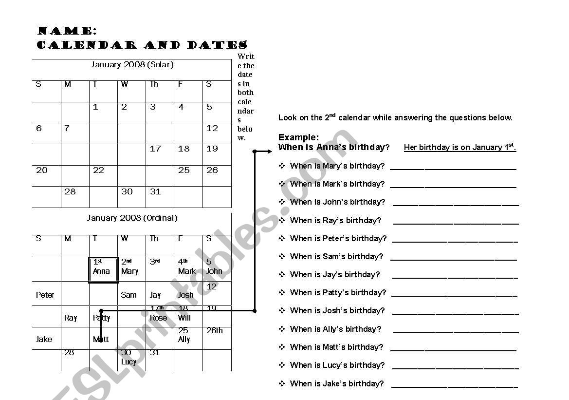 Calendar Ordinal Dates worksheet