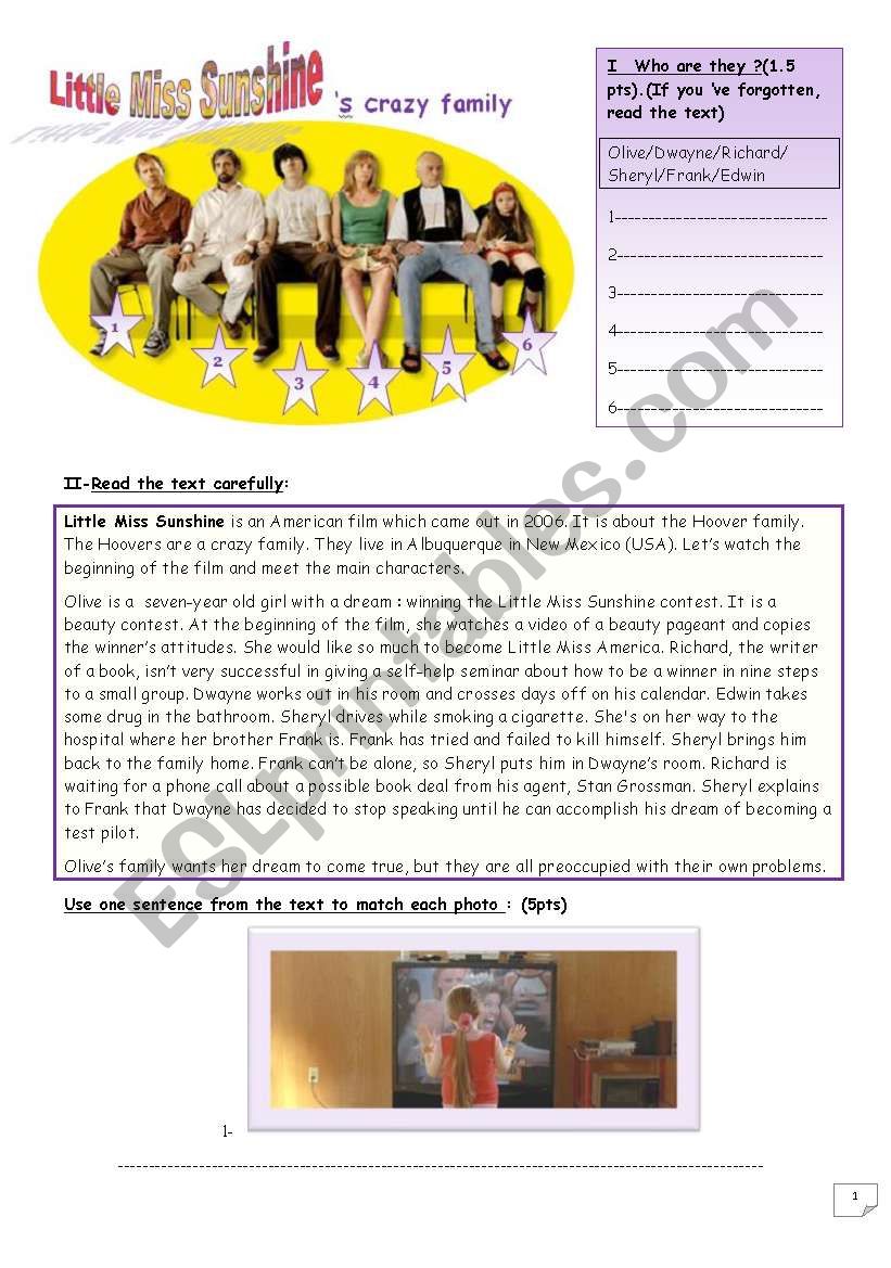 Little Miss SunshineÂ´s crazy family_an evaluation for elementary students with answer key