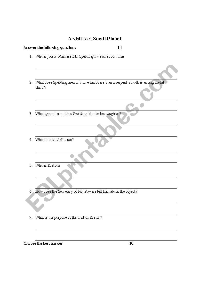 A Visit to a Small Planet worksheet