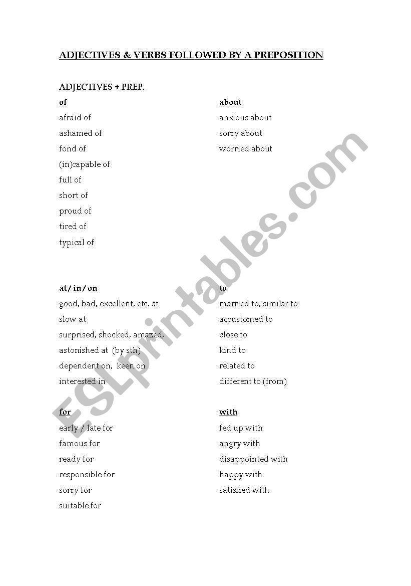 Adjectives and verbs + prepositions
