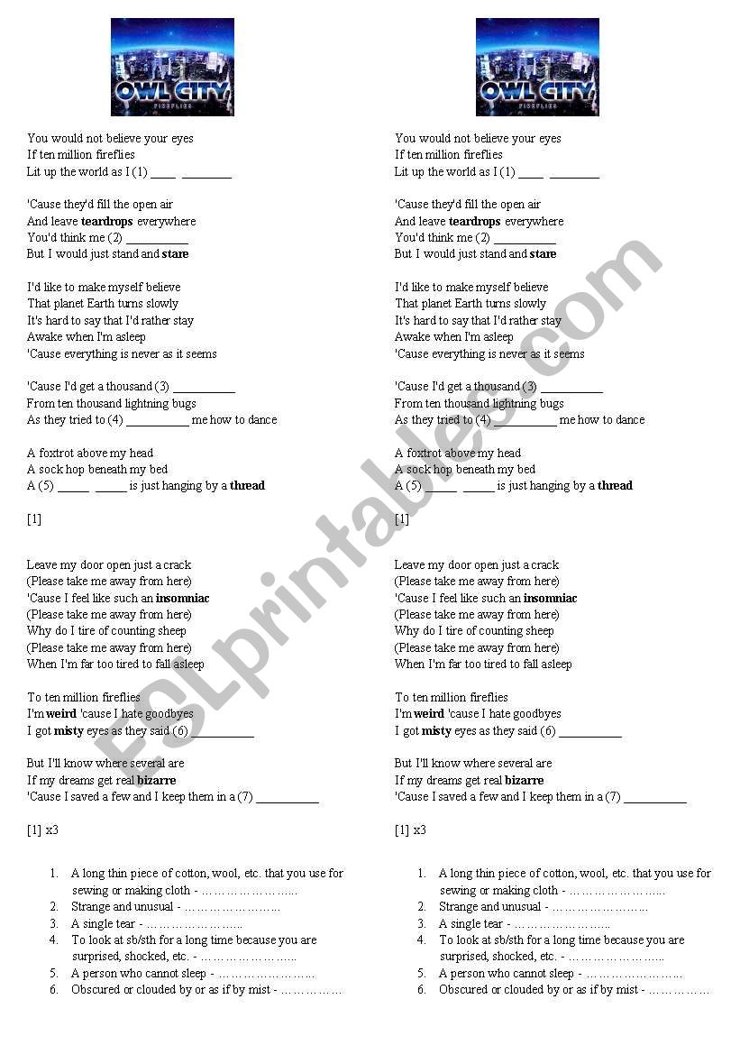 SONG - owl city - fireflies worksheet