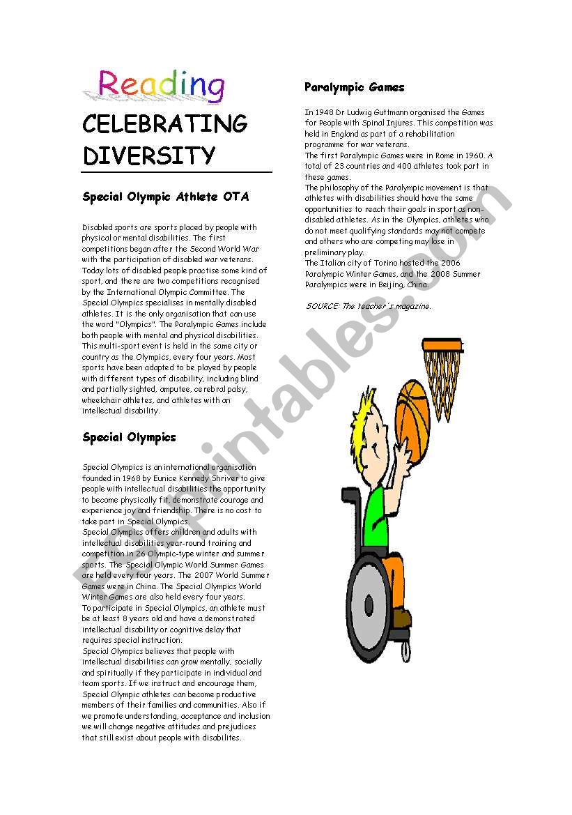 READING CELEBRATING DIVERSITY worksheet