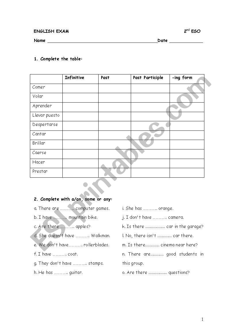 ESO Exam worksheet