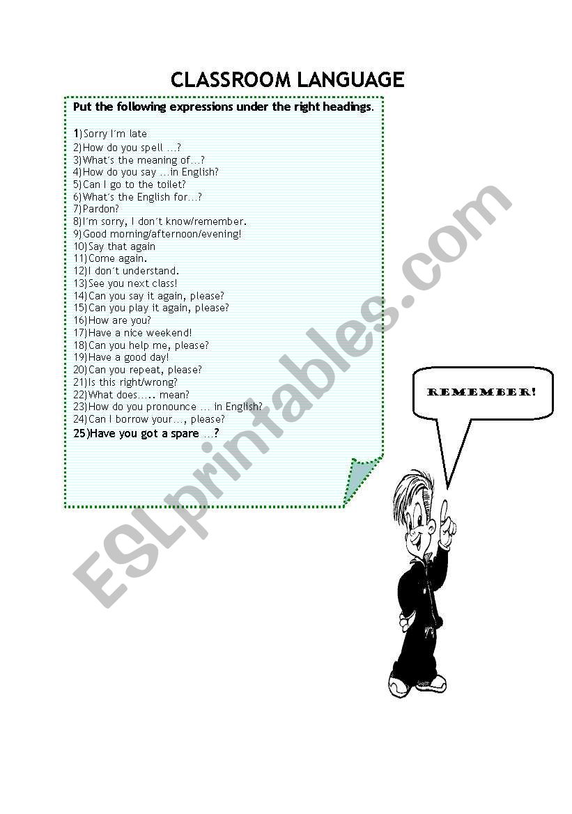 CLASSROOM LANGUAGE worksheet
