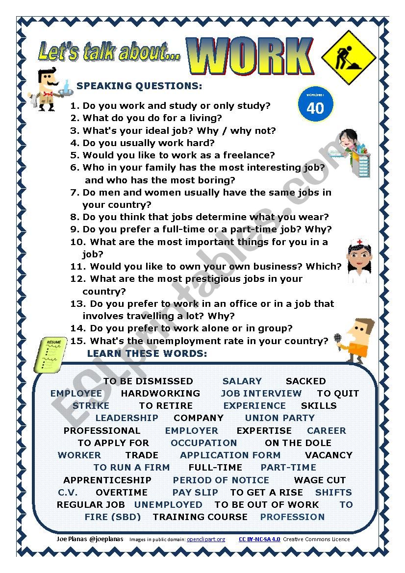 LETÂ´S TALK ABOUT WORK (SPEAKING SERIES 40) NEW VERSION - ESL worksheet ...