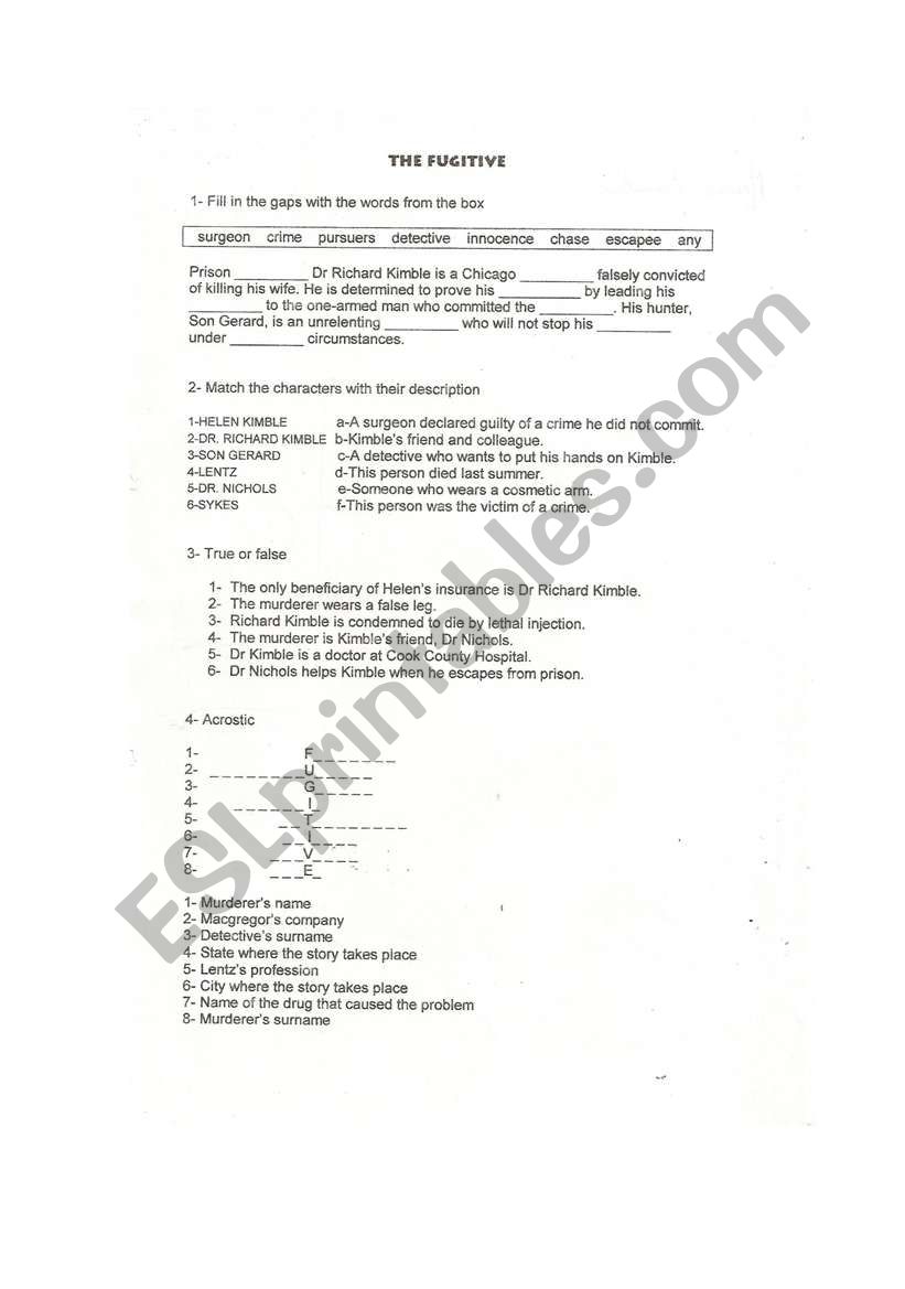 The Fugitive Movie Activities worksheet