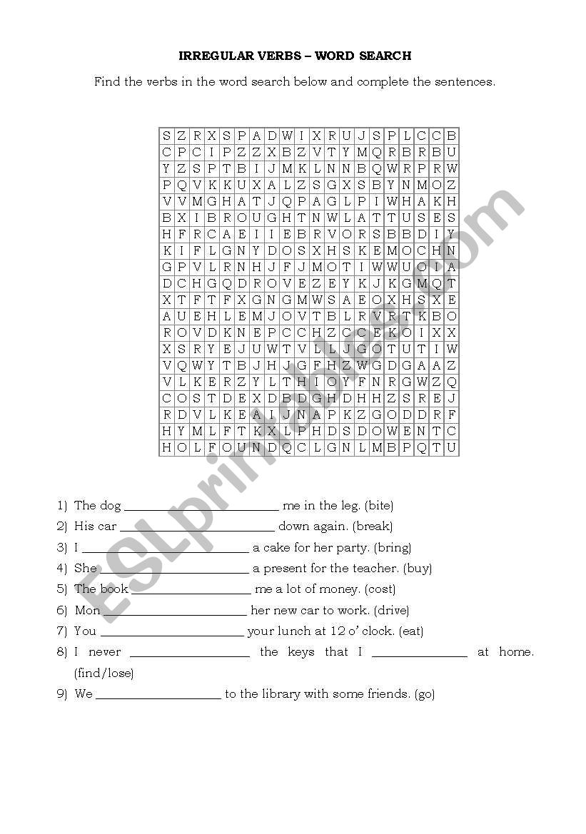 Irregular Verbs Word search worksheet