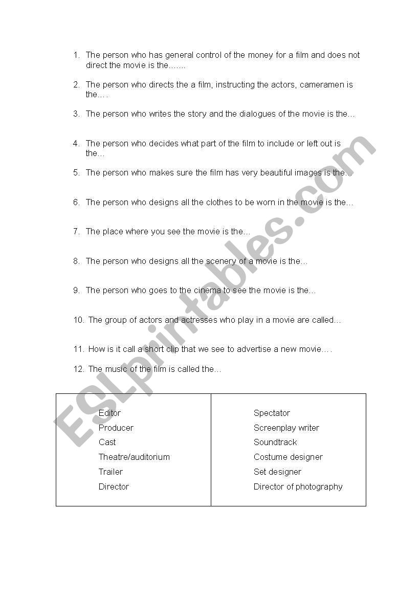 Description work in movies worksheet