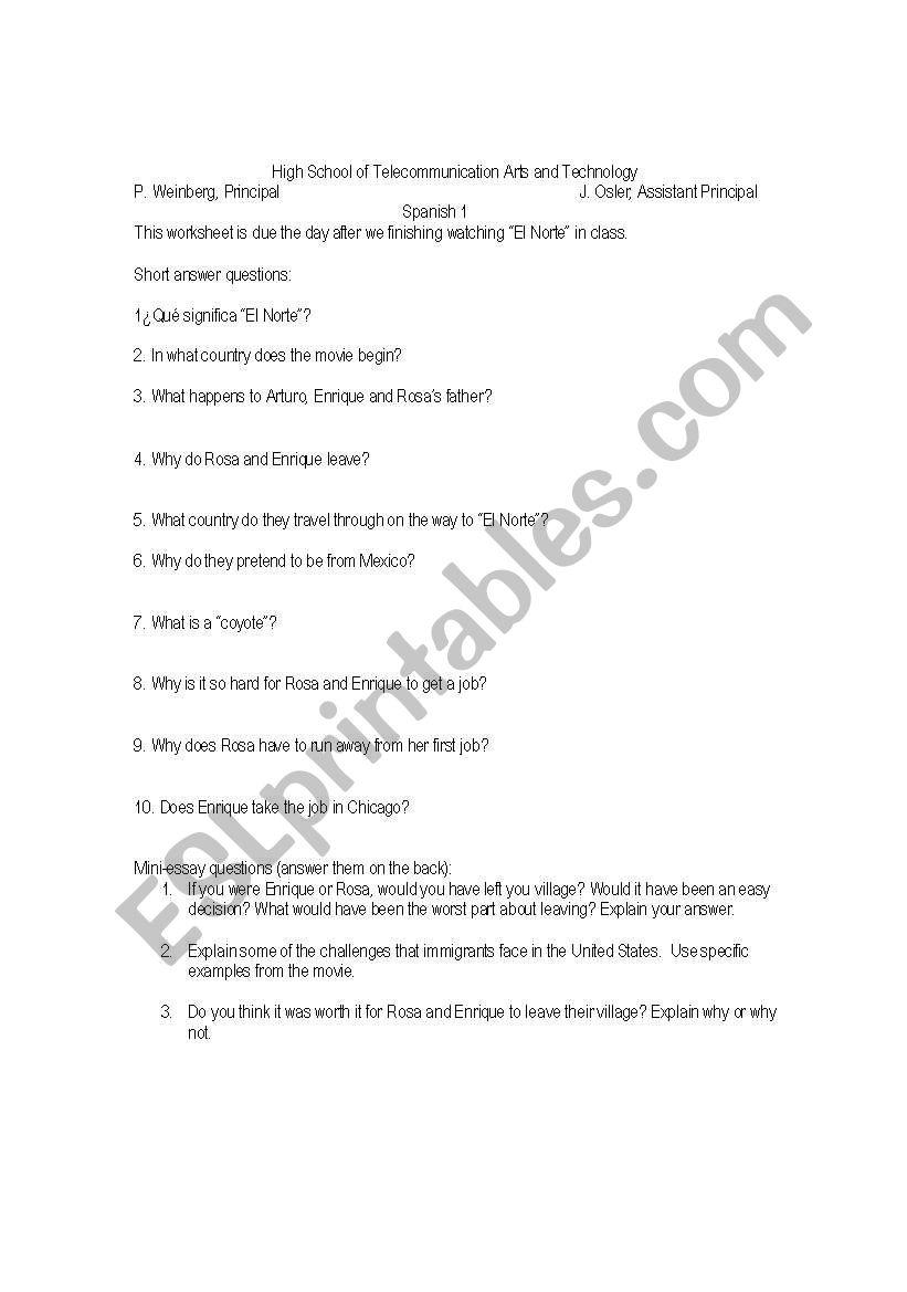 El Norte Film Sheet worksheet