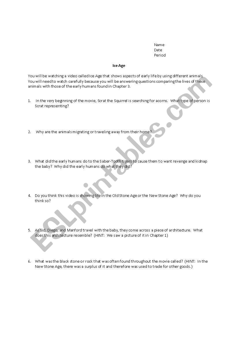 Ice Age Questions   worksheet
