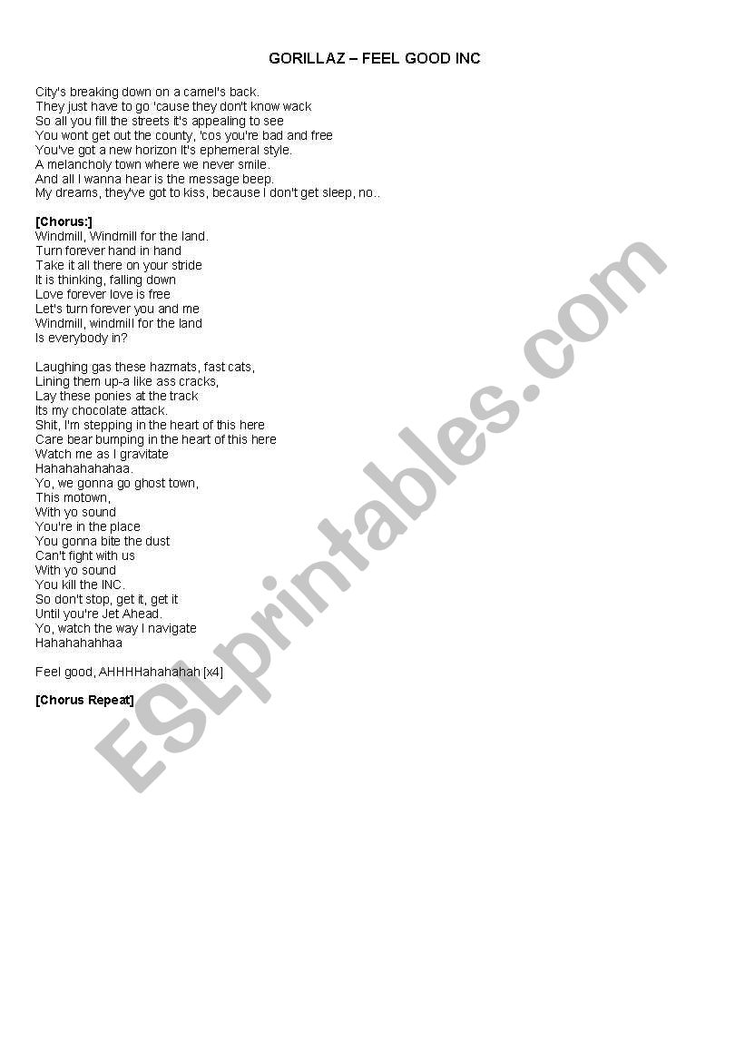 English Worksheets Gorillaz Feel Good Inc