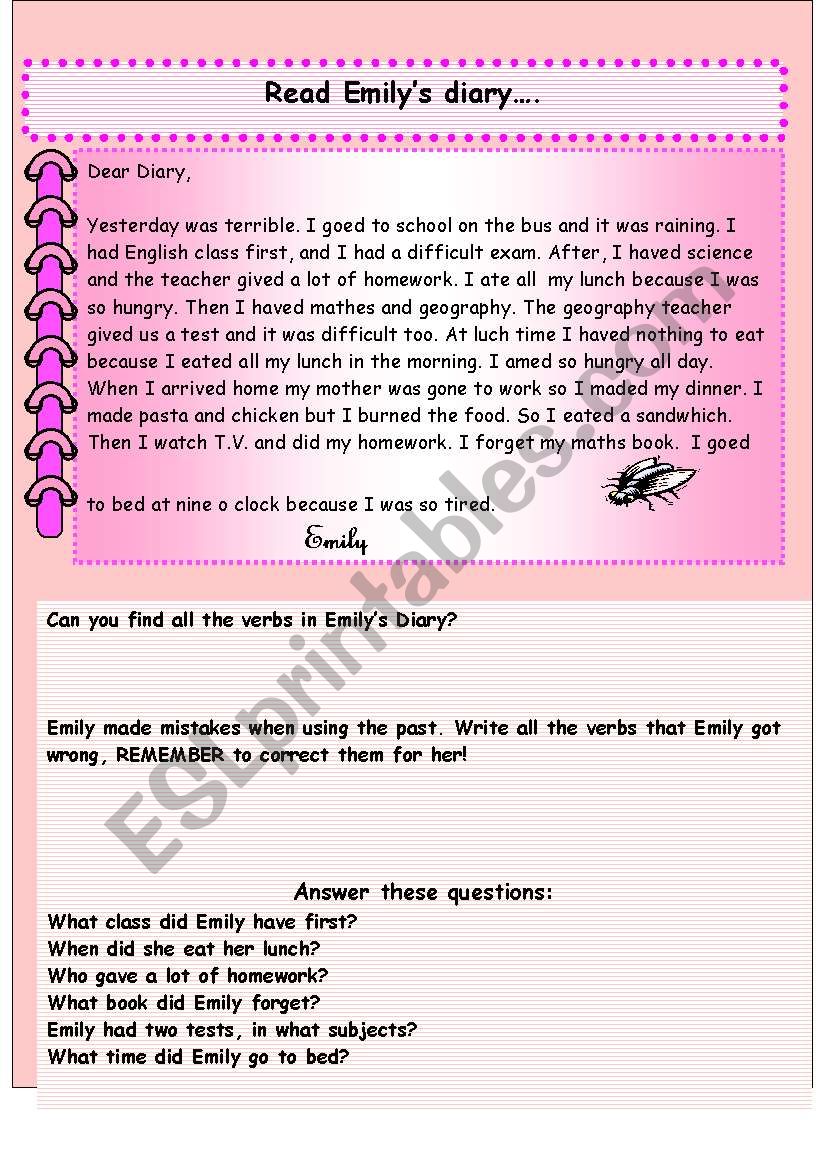 Emily´s Diary ESL worksheet by karire
