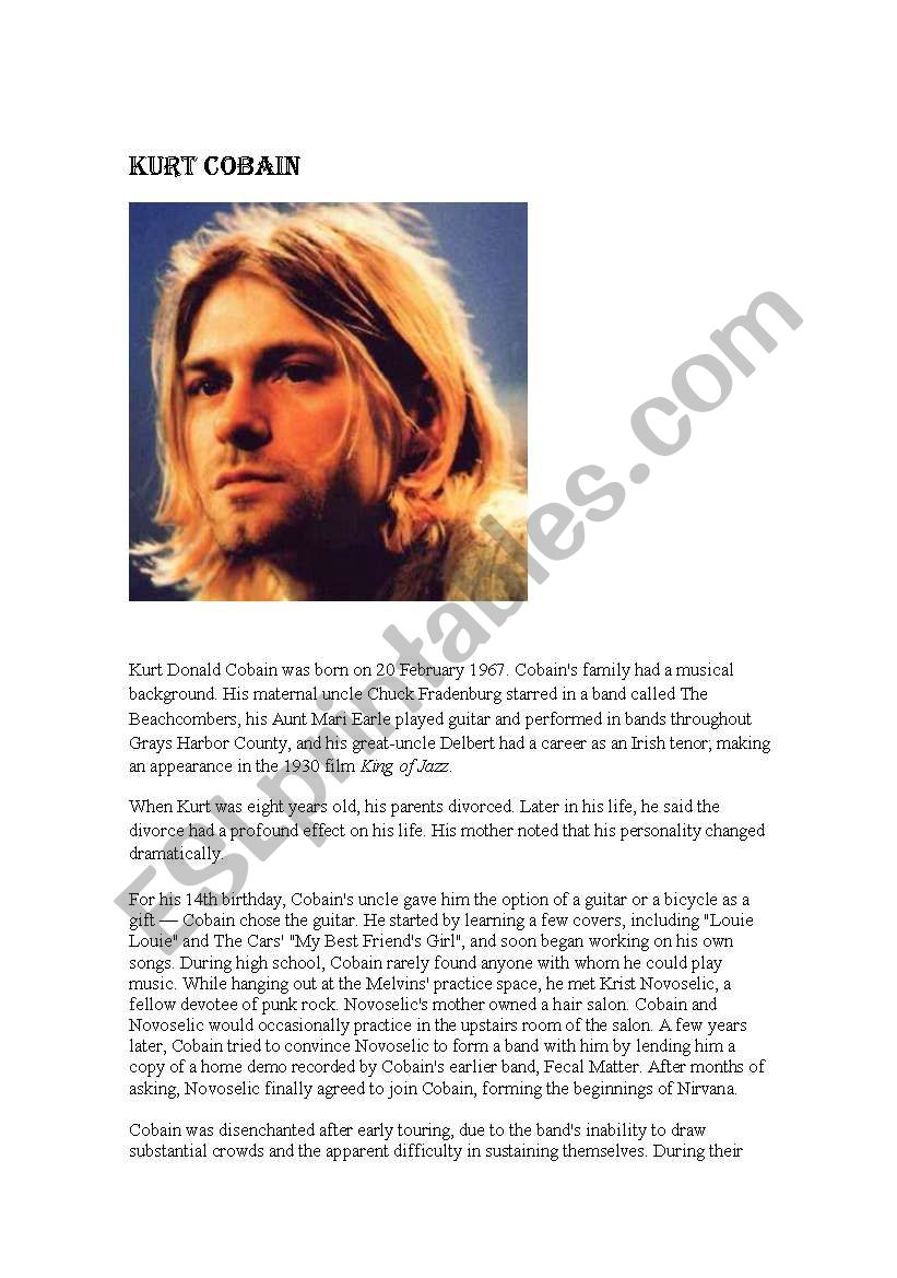 kurt cobain worksheet