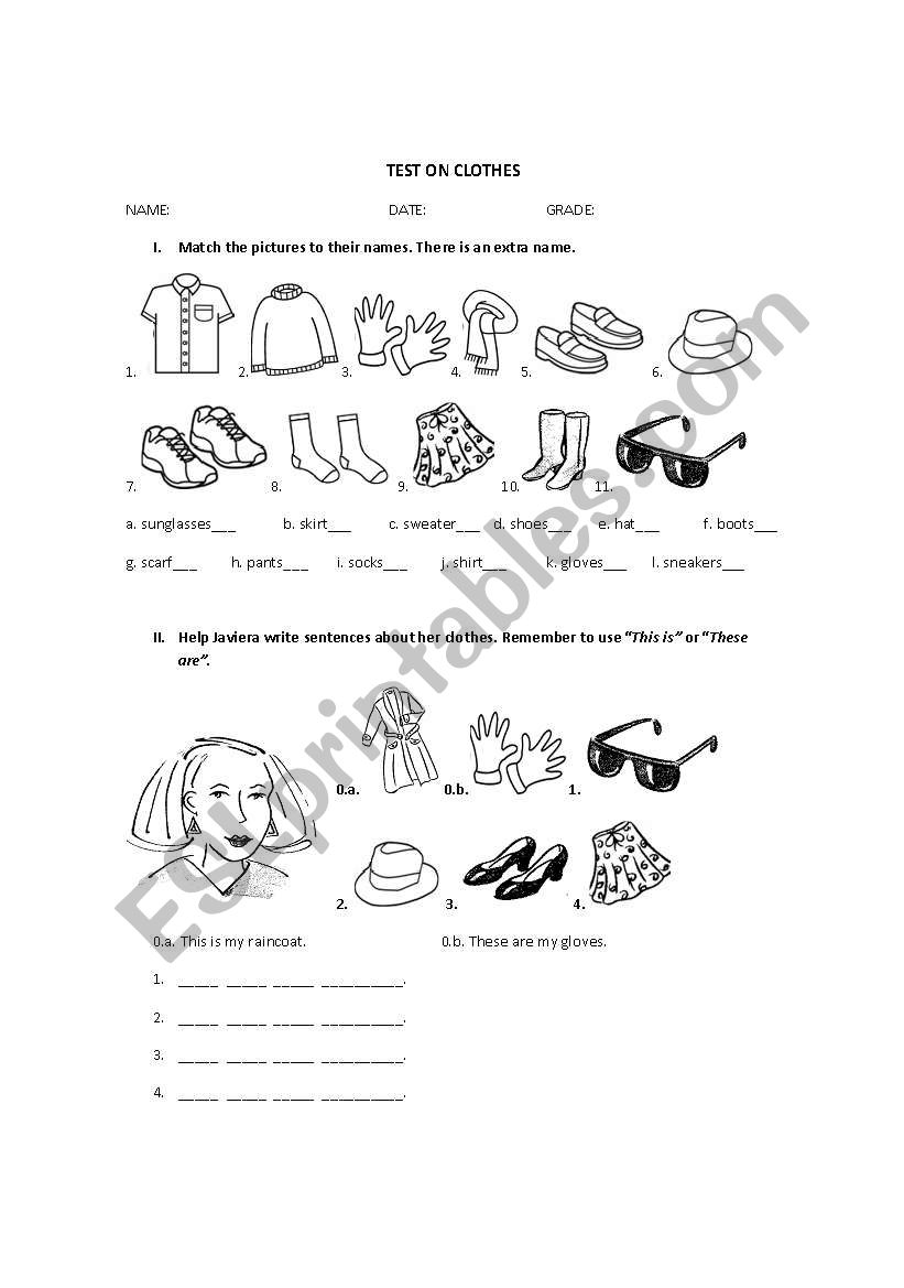 Test/activities on clothes worksheet