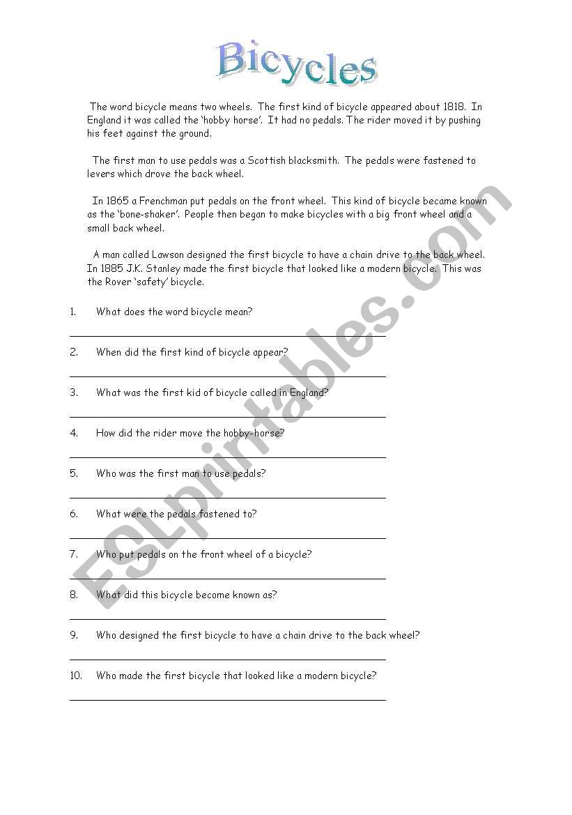 Bicycles worksheet