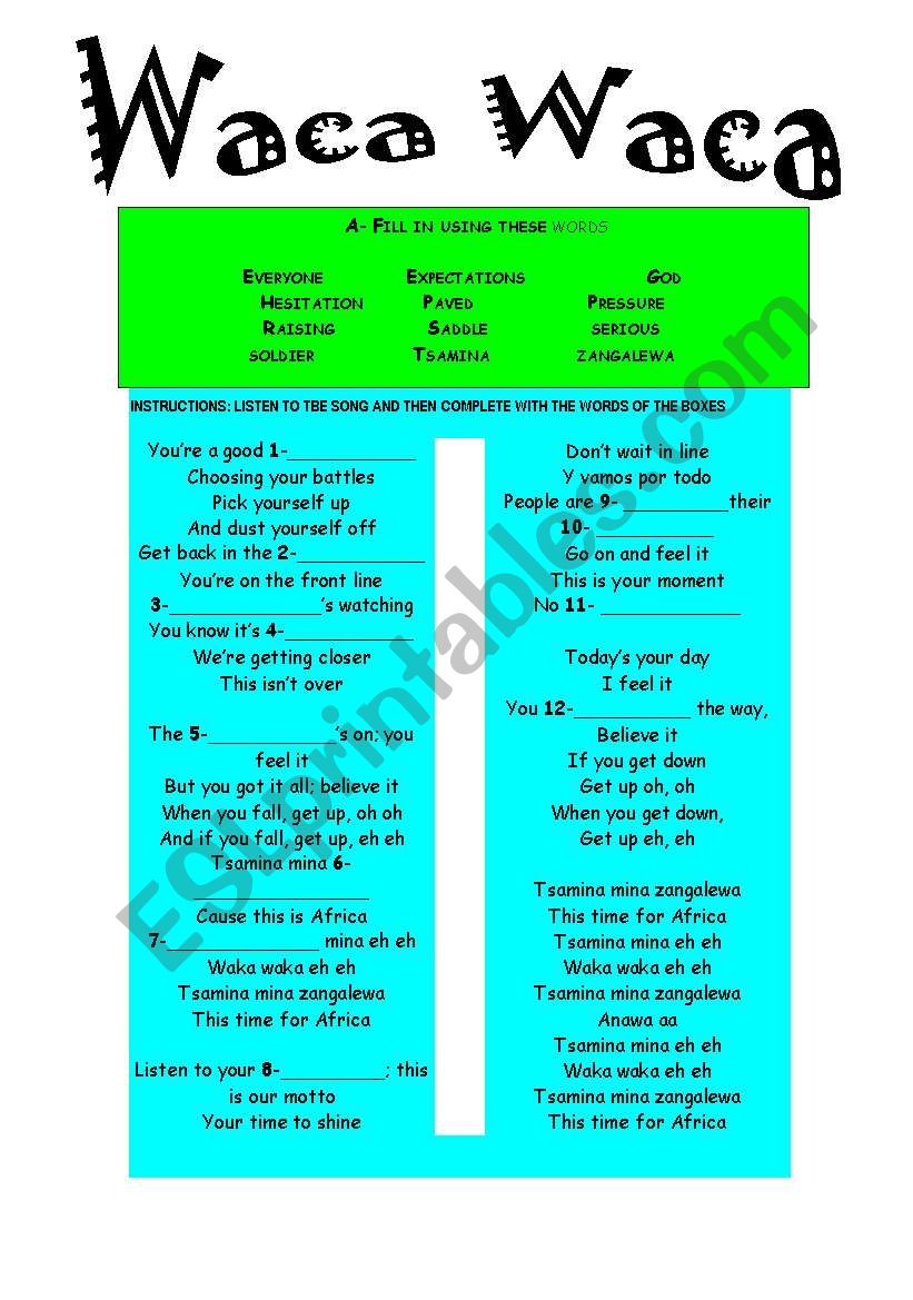 WACA WACA BY SHAKIRA worksheet