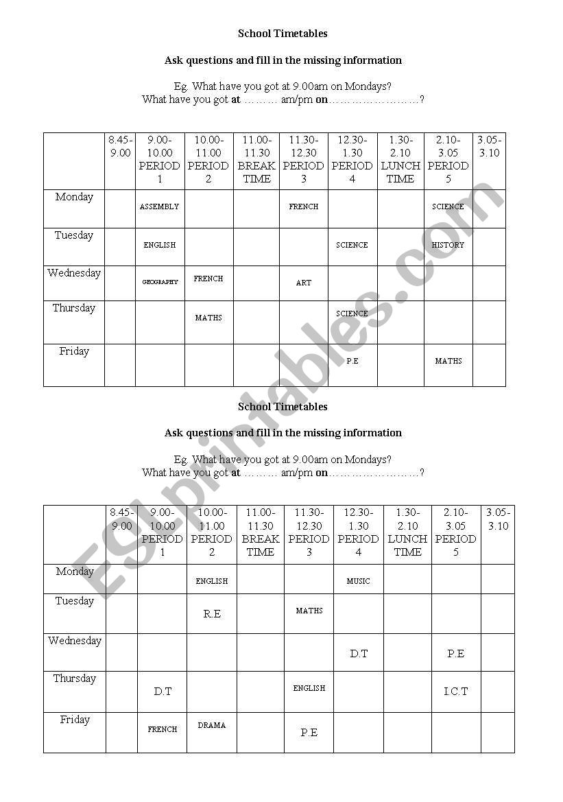 Gap filling exercise, school timetables