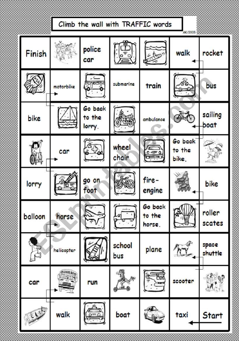 Board game: Traffic/Transport worksheet