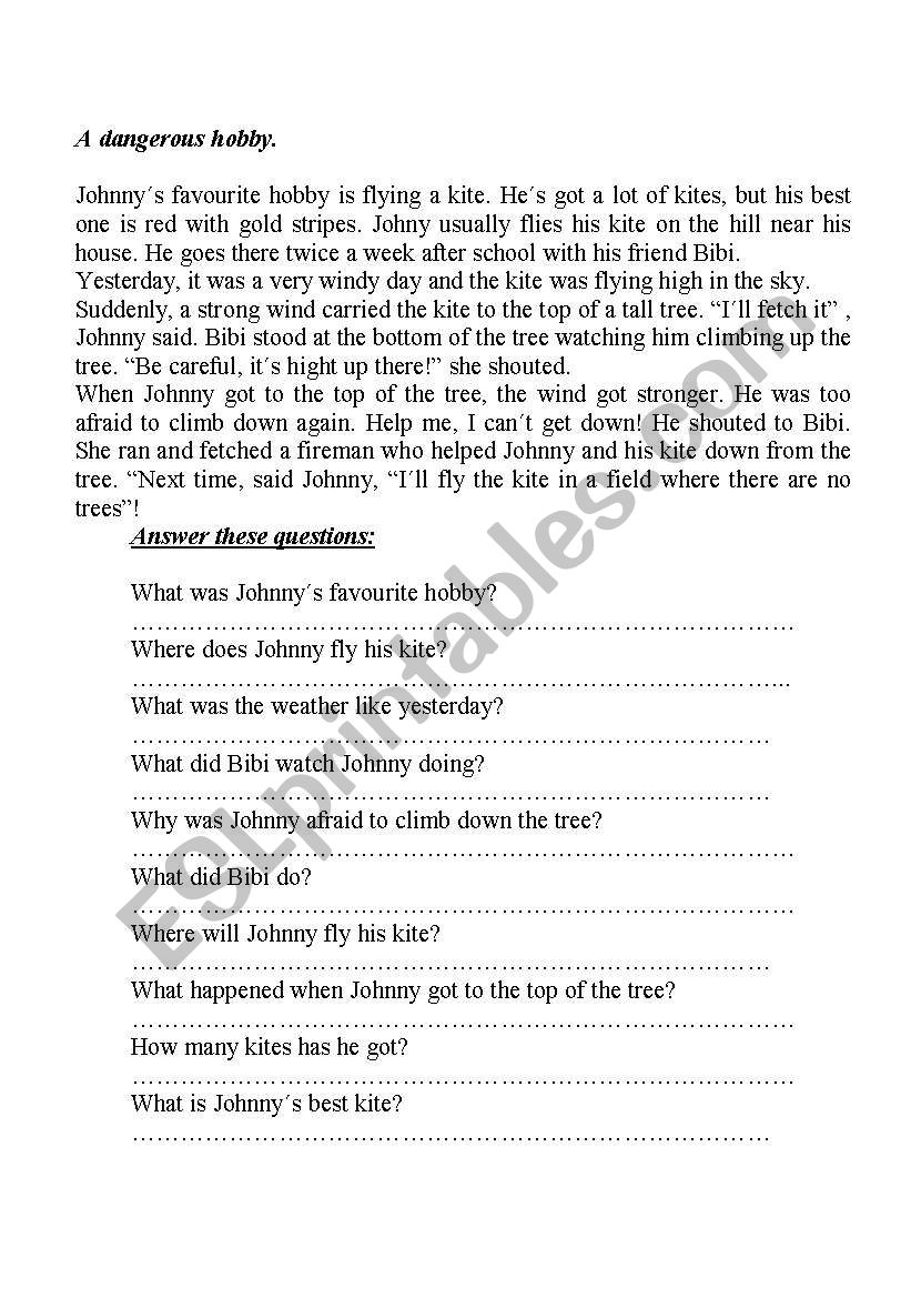 Johnny and the kite worksheet