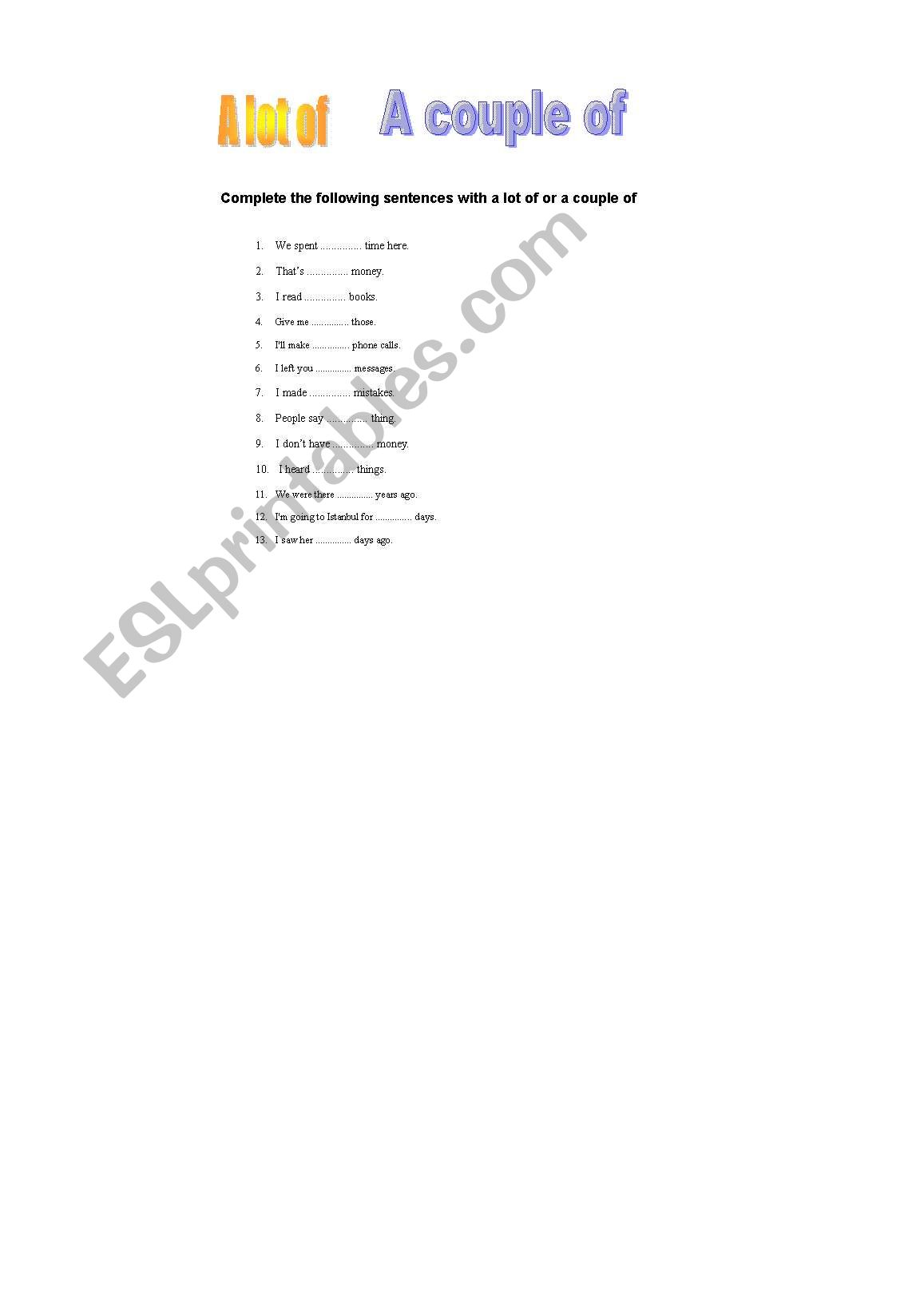 a couple of & a lot of worksheet