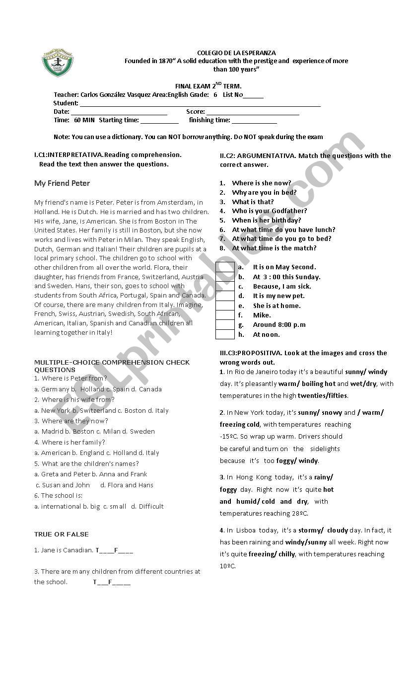 English test 6th grade worksheet