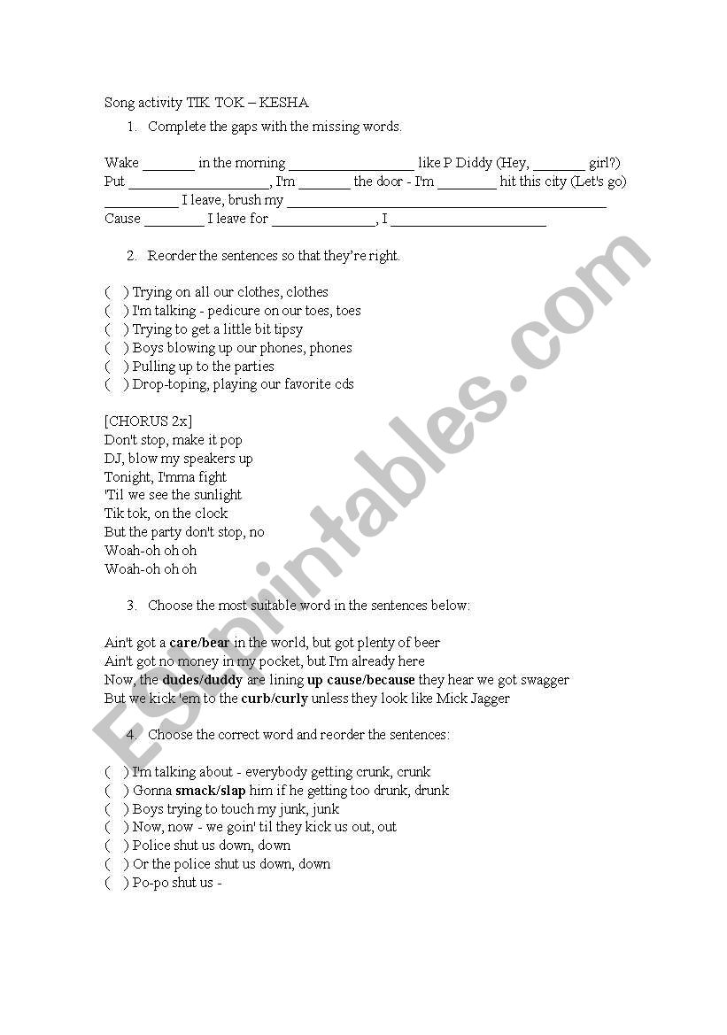 Song activity -  TikTok worksheet