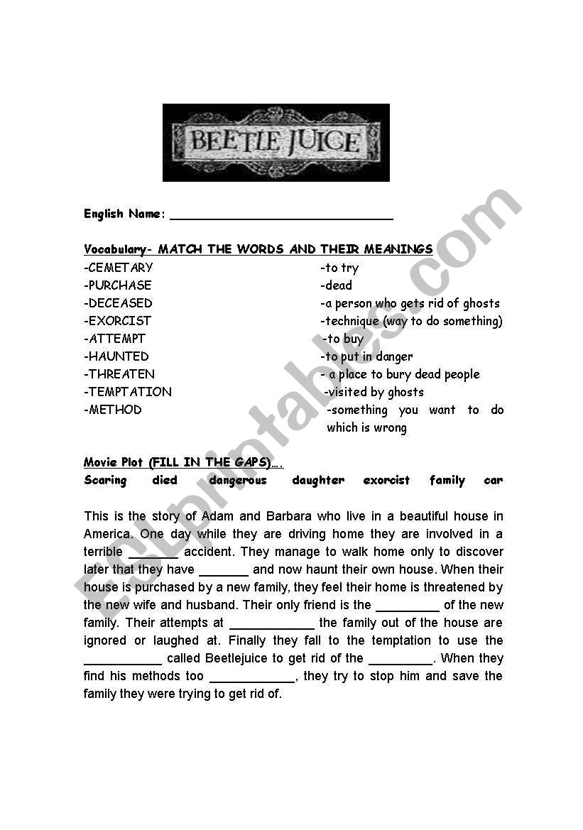 Beetlejuice Movie Worksheet worksheet