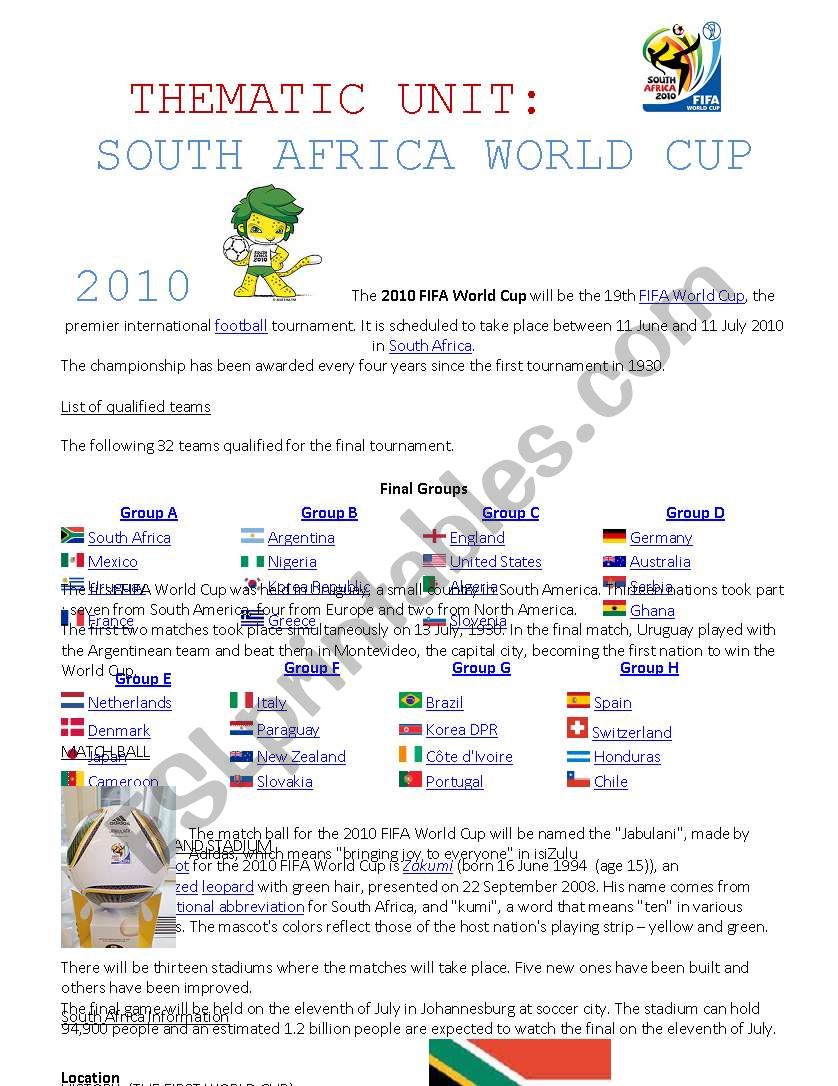 THEMATIC UNIT WORLD CUP worksheet