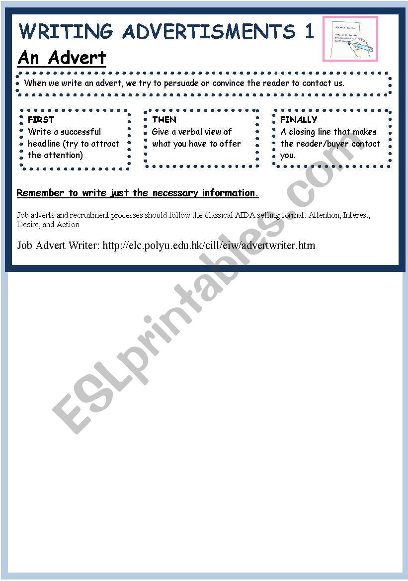 WRITING ADVERTISMENTS worksheet