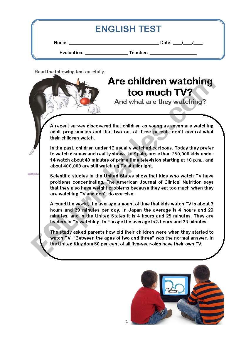 English test about TV worksheet