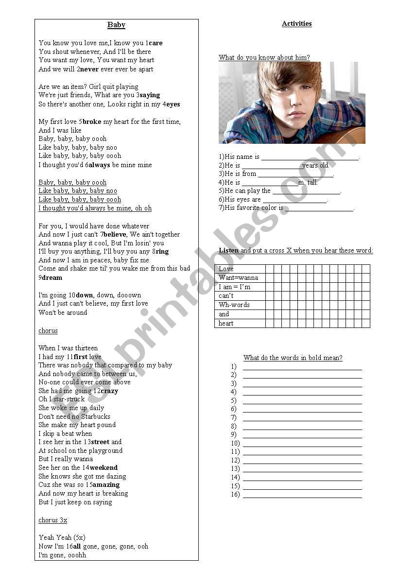 Baby - Justin Bieber  worksheet