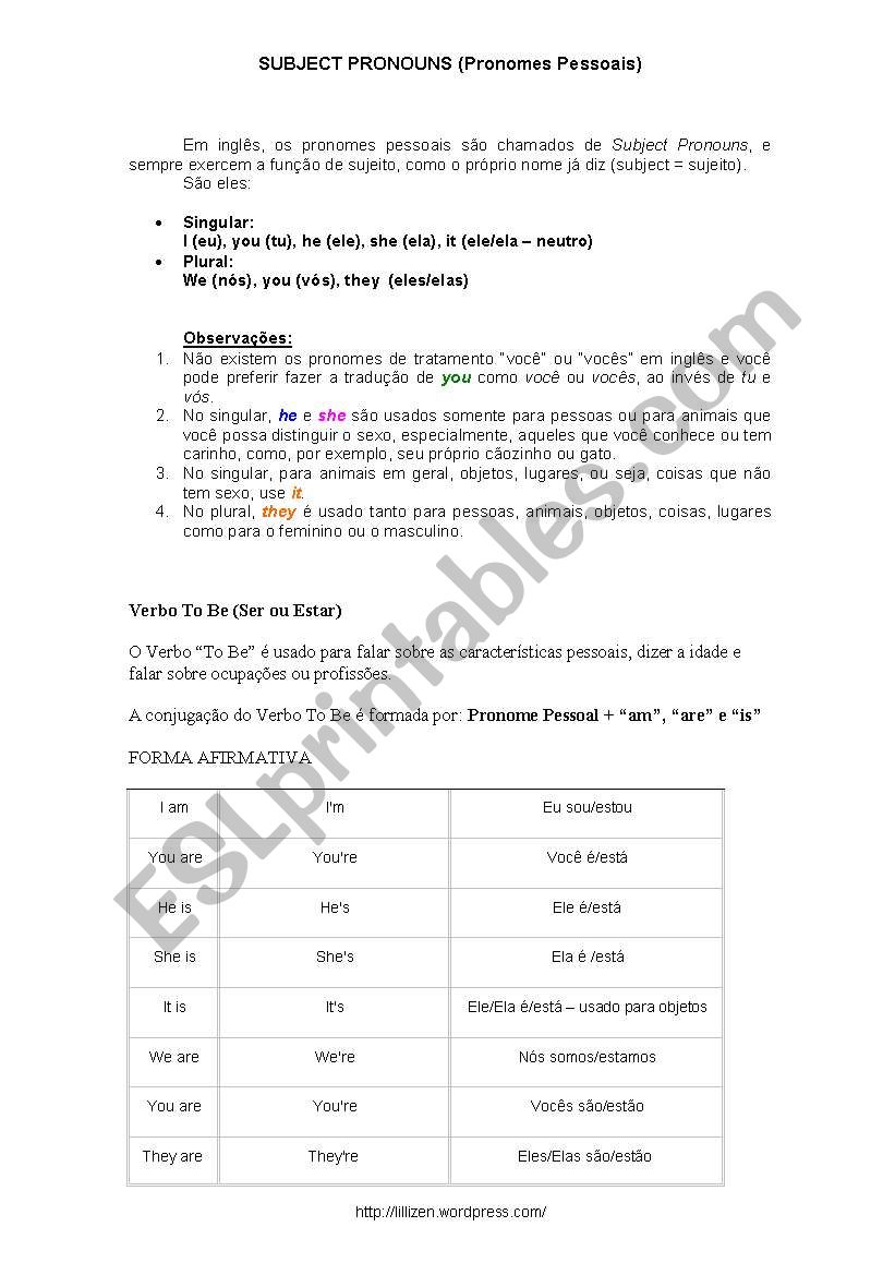 Subject Pronouns - To Be(afirmative form) - Exercise